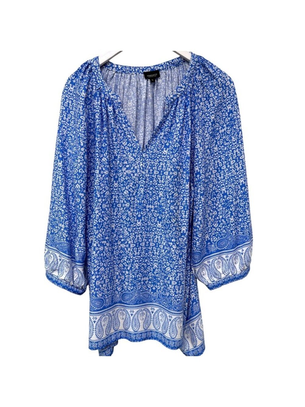 JONES New York Peasant Blouse Plus Size 1X Blue Floral Border Boho Top Rayon